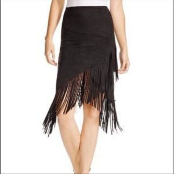 Aqua Dresses & Skirts - Aqua Women's Faux Suede Long Fringed Asymmetrical Wrap Style Black Skirt Size S